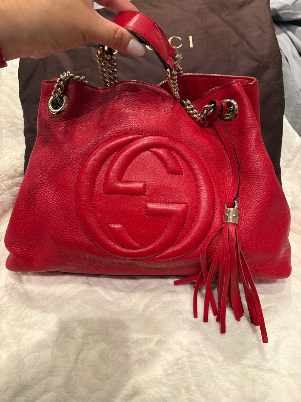 Gucci Red Pebbled Leather Shoulder Bag with Tassel+Chain Straps authentic GUCCI - Picture 4 of 7